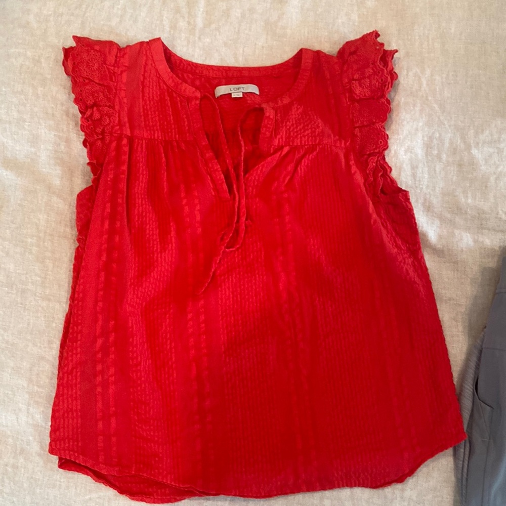 Red LOFT ruffle sleeved top. Small. Worn once.